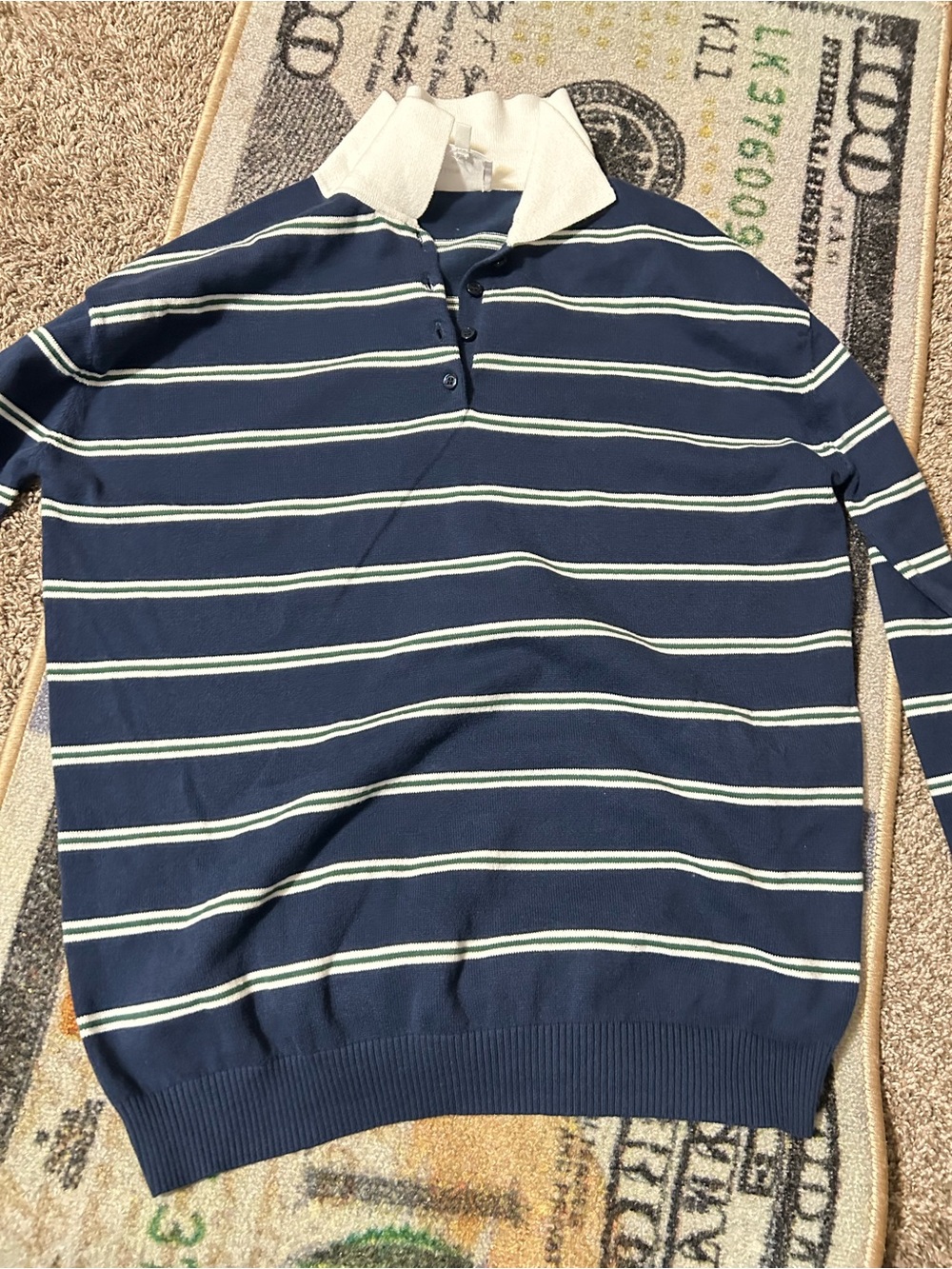 Striped Navy V-Neck Polo Sweater with White Collar